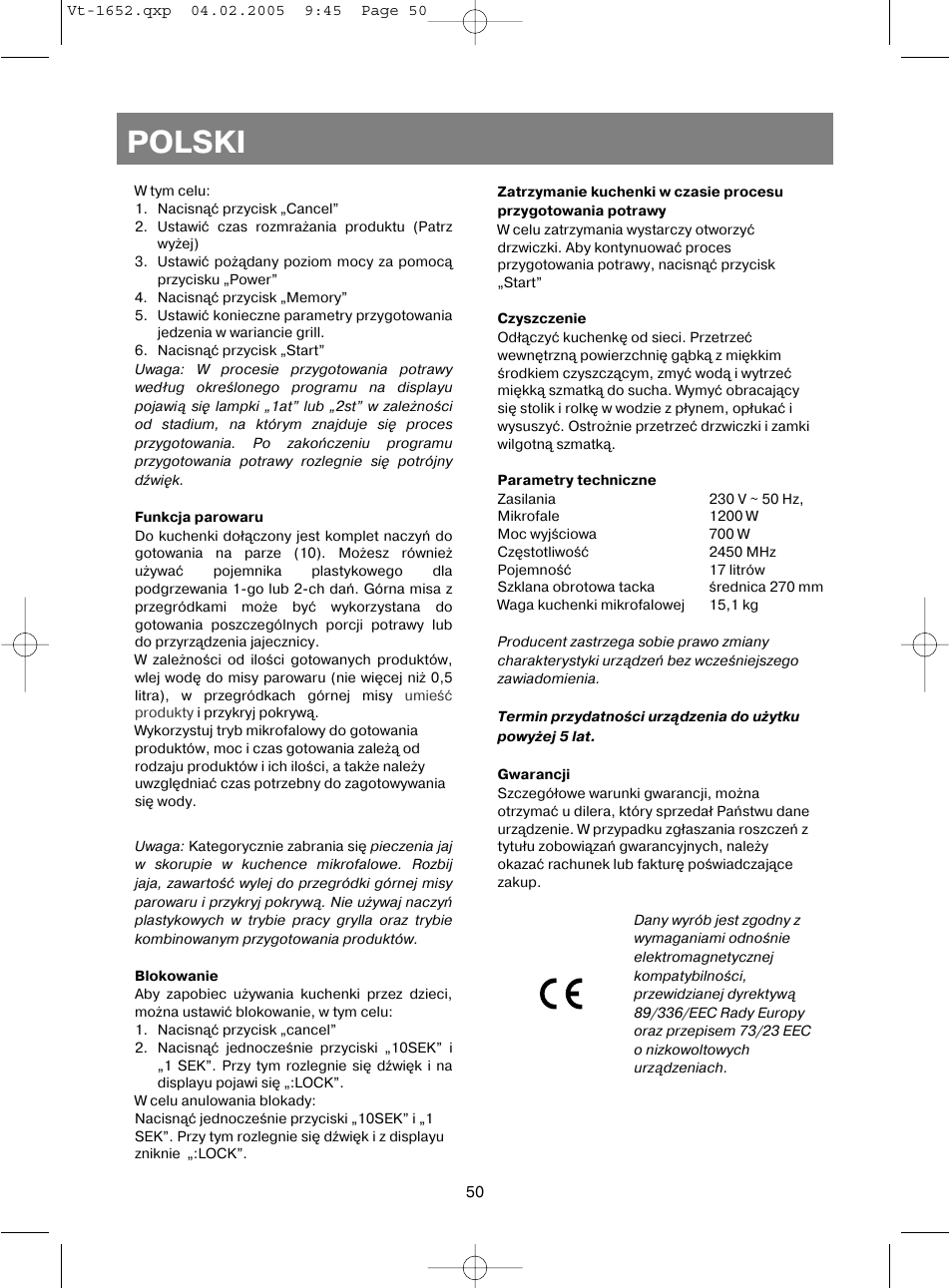 Polski | Vitek VT-1652 User Manual | Page 50 / 68