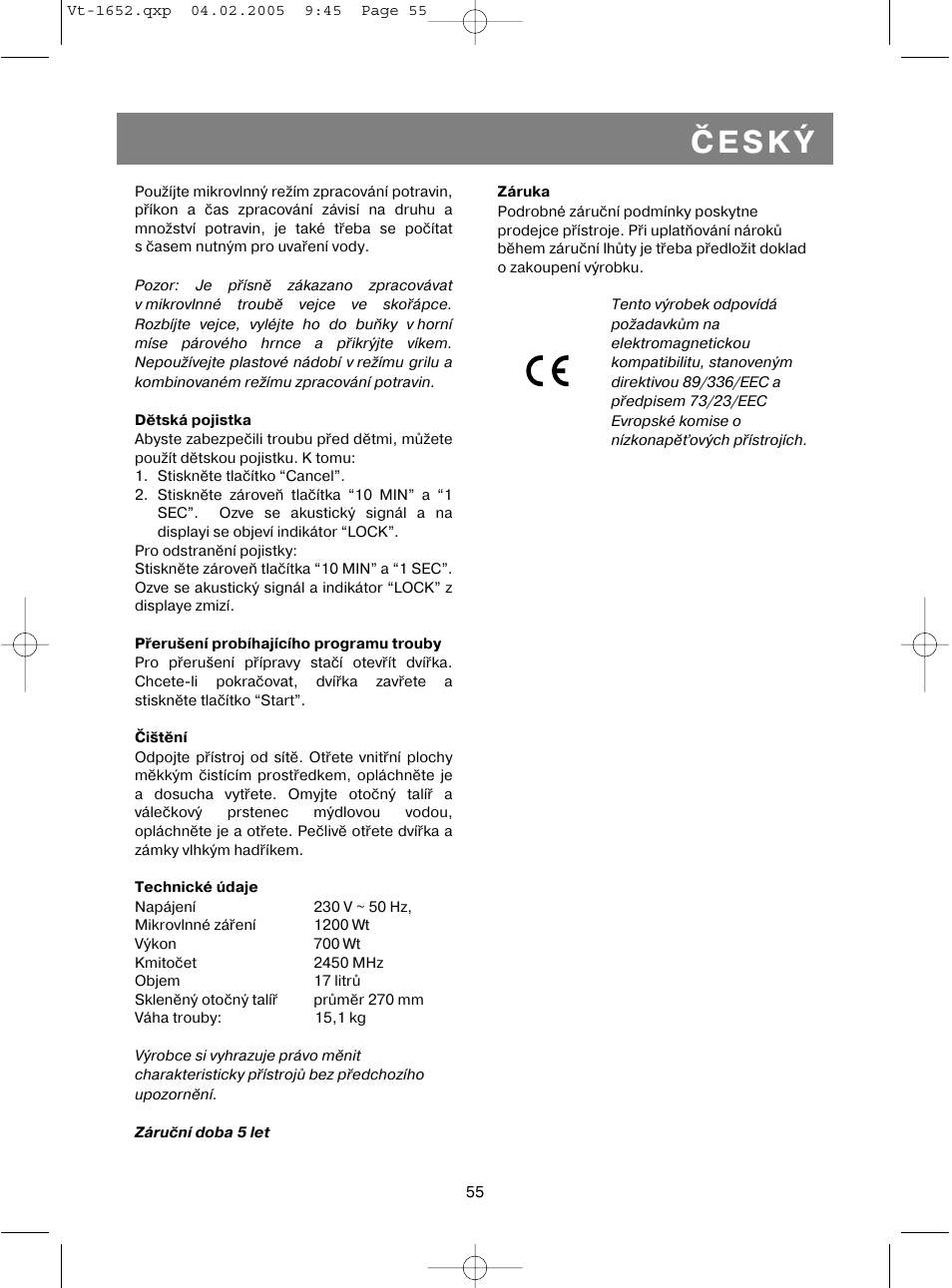 Èeský | Vitek VT-1652 User Manual | Page 55 / 68