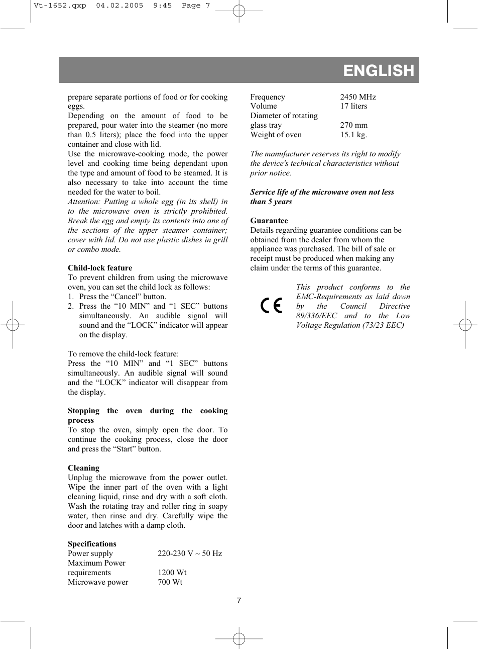 English | Vitek VT-1652 User Manual | Page 7 / 68