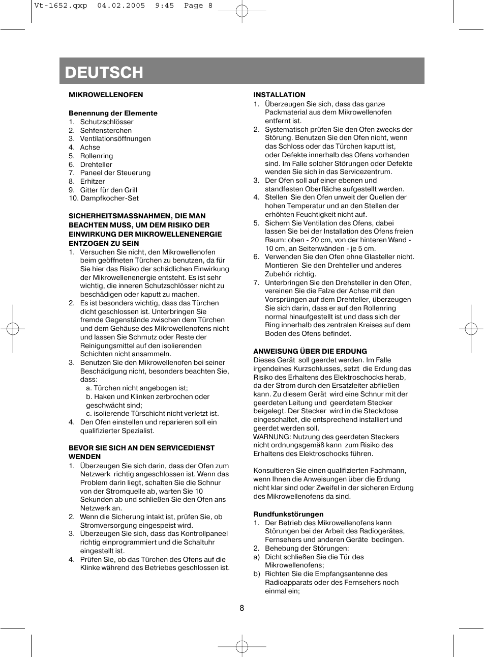 Deutsch | Vitek VT-1652 User Manual | Page 8 / 68