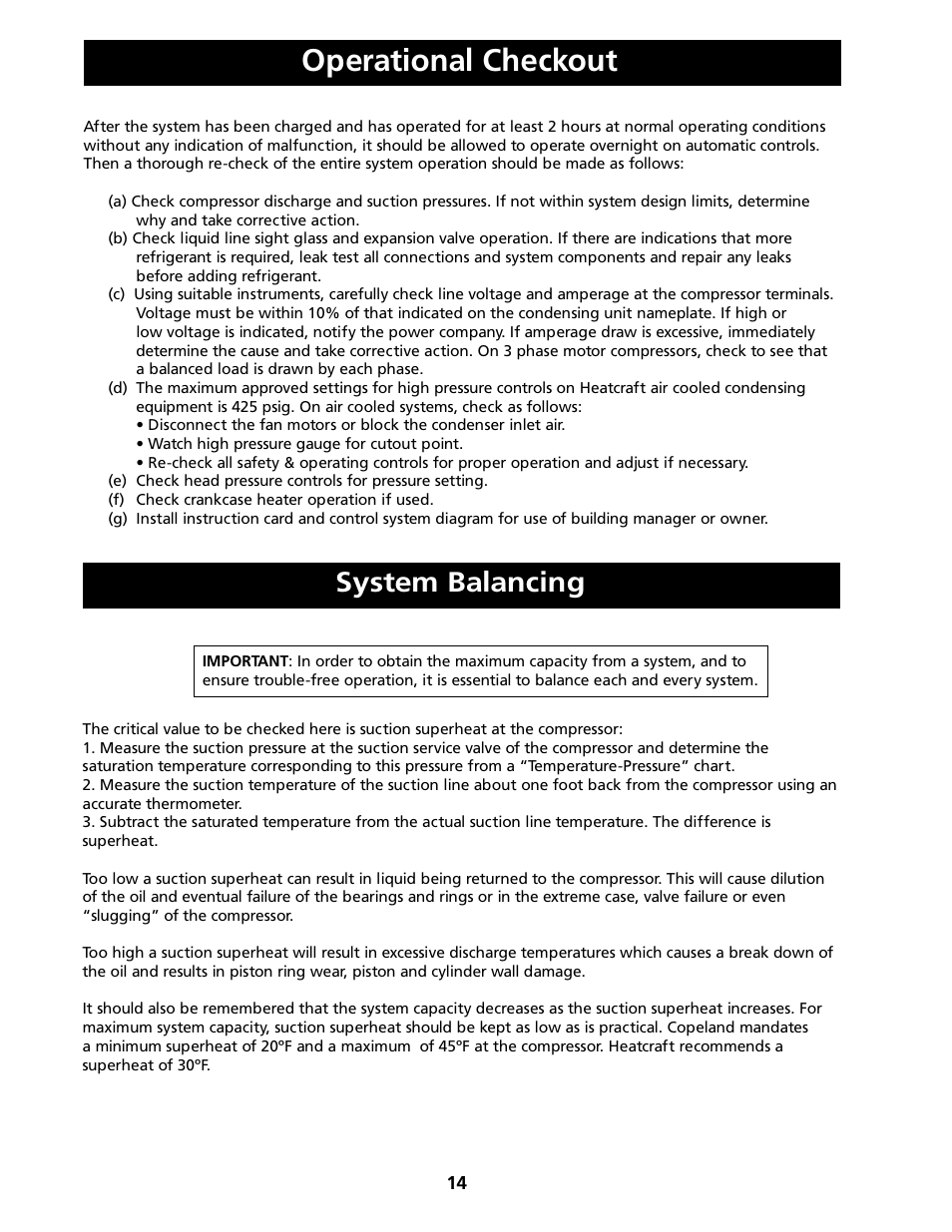 Operational checkout system balancing, Operational checkout, System balancing | Heatcraft Refrigeration Products H-IM-FP User Manual | Page 14 / 24