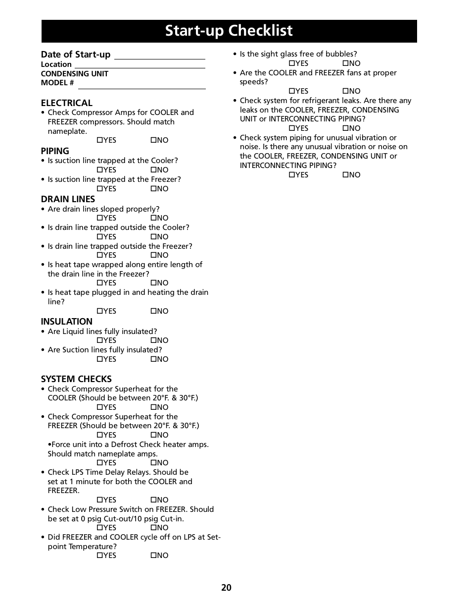 Start-up checklist -21, Start-up checklist | Heatcraft Refrigeration Products H-IM-FP User Manual | Page 20 / 24
