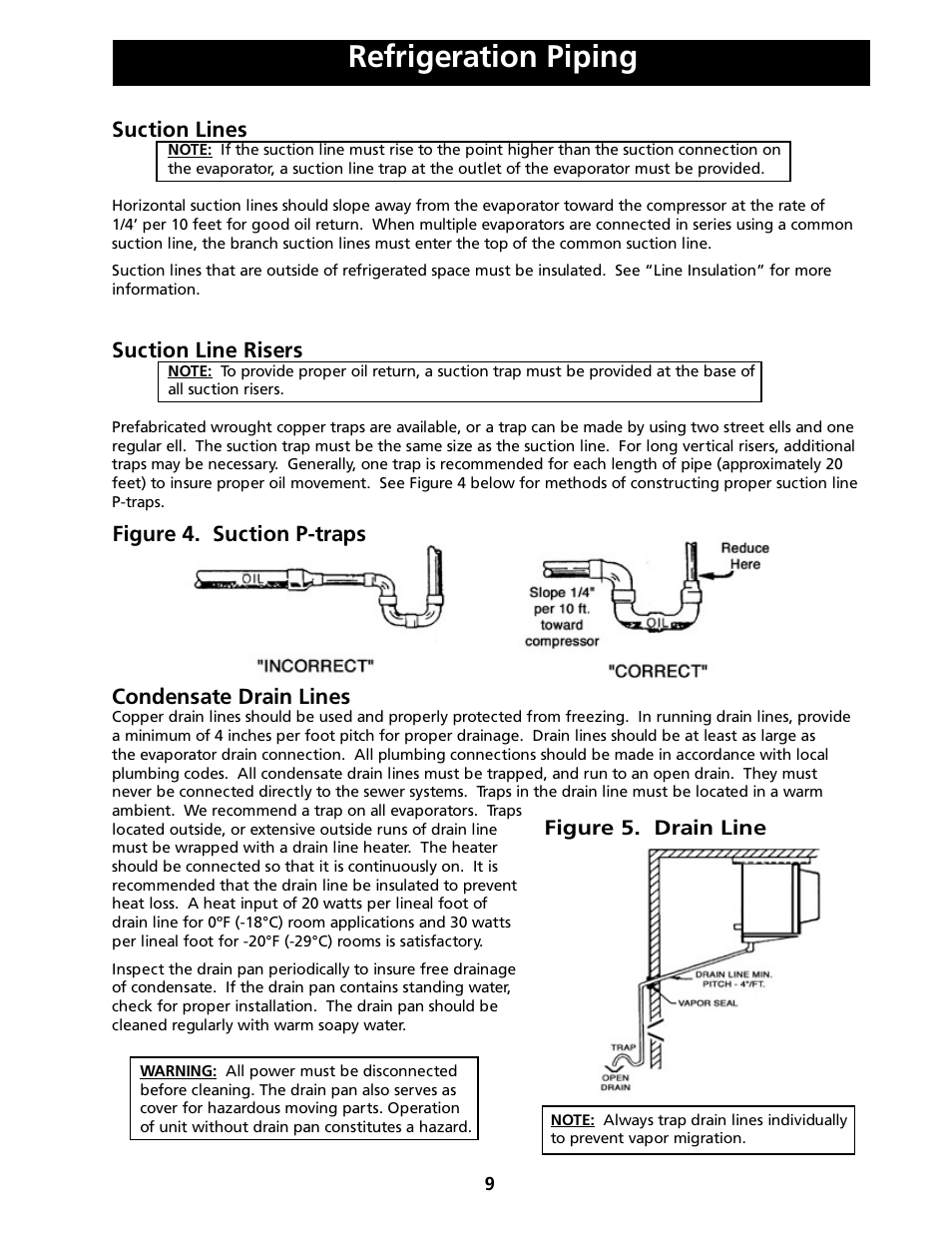 Refrigeration piping, Suction lines, Suction line risers | Condensate drain lines, Figure 4. suction p-traps | Heatcraft Refrigeration Products H-IM-FP User Manual | Page 9 / 24