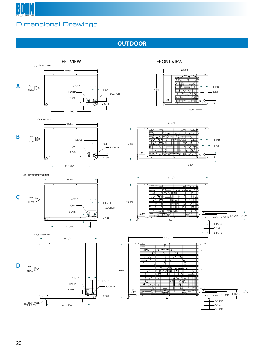 Ab c d, Outdoor indoor, Dimensional drawings | Front view, Left view | Heatcraft Refrigeration Products Air-Cooled Condensing Units User Manual | Page 20 / 24