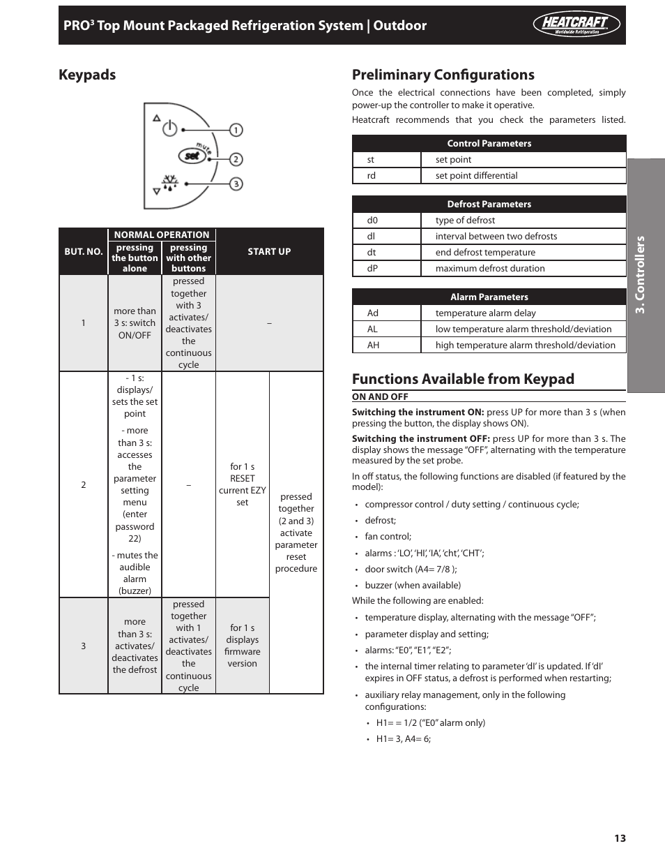 Keypads preliminary configurations, Functions available from keypad, Top mount packaged refrigeration system | outdoor | C on tr ollers | Heatcraft Refrigeration Products PRO TOP MOUNT H-IM-82C User Manual | Page 13 / 26
