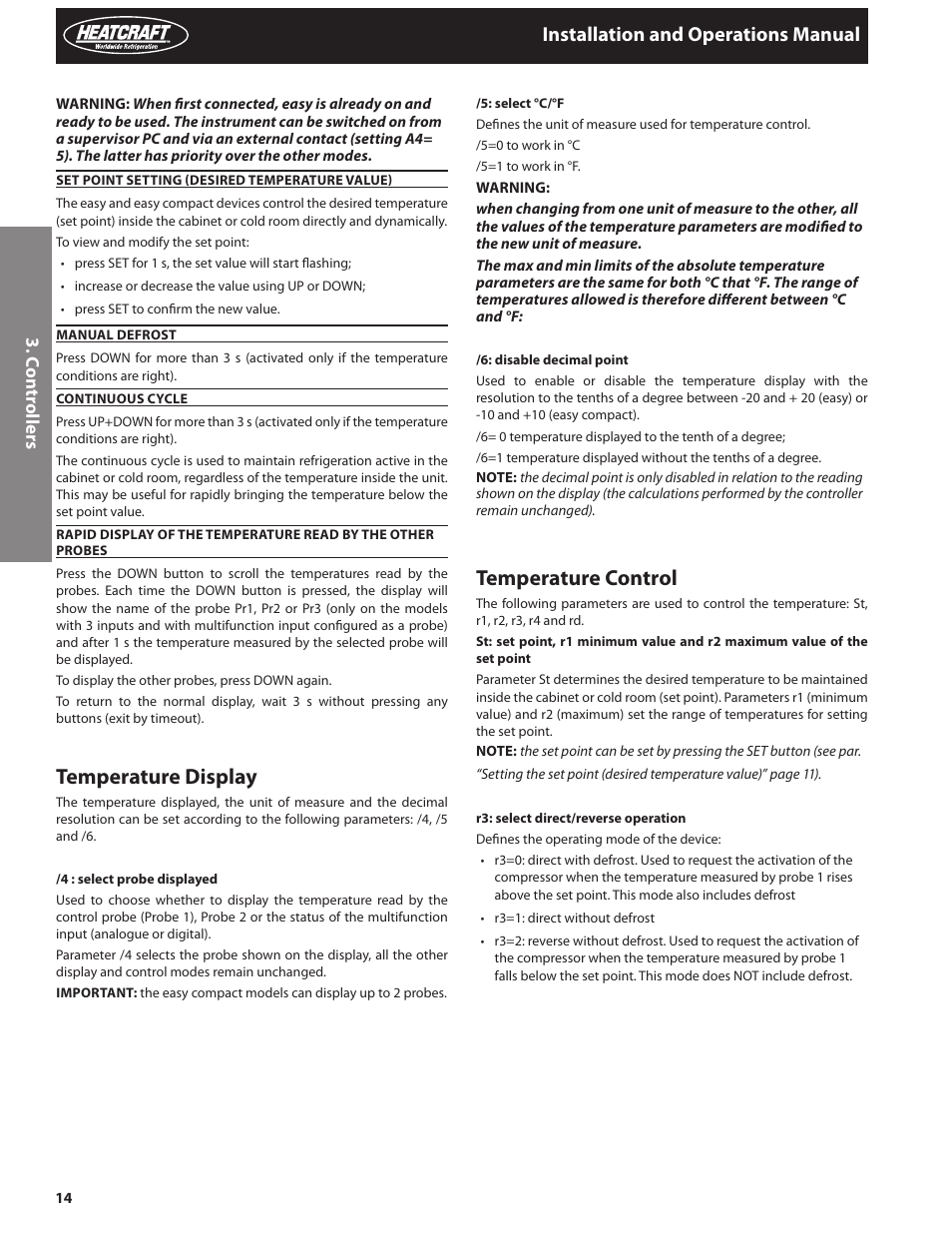 Temperature display, Temperature control, Installation and operations manual | Heatcraft Refrigeration Products PRO TOP MOUNT H-IM-82C User Manual | Page 14 / 26