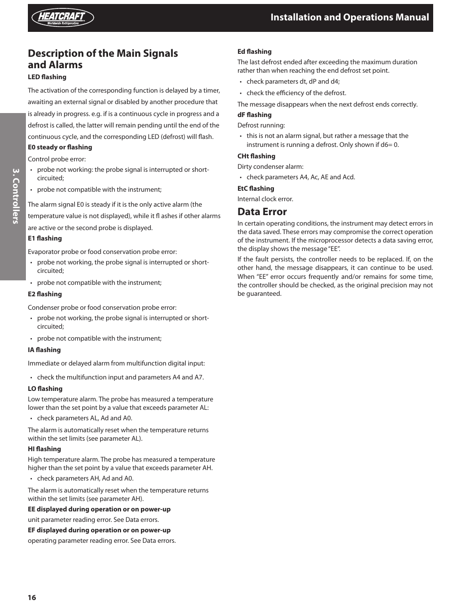 Description of the main signals and alarms, Data error, Installation and operations manual | Heatcraft Refrigeration Products PRO TOP MOUNT H-IM-82C User Manual | Page 16 / 26