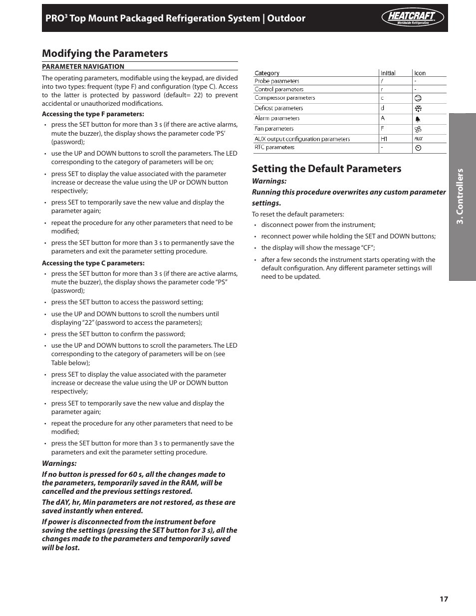 Modifying the parameters, Setting the default parameters, Top mount packaged refrigeration system | outdoor | Heatcraft Refrigeration Products PRO TOP MOUNT H-IM-82C User Manual | Page 17 / 26