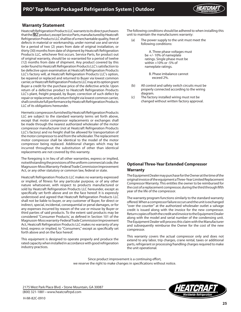 Top mount packaged refrigeration system | outdoor, Warranty statement | Heatcraft Refrigeration Products PRO TOP MOUNT H-IM-82C User Manual | Page 25 / 26