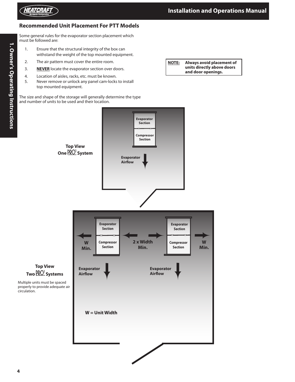 Installation and operations manual, O wner's o per ating instr uc tions, Recommended unit placement for ptt models | Heatcraft Refrigeration Products PRO TOP MOUNT H-IM-82C User Manual | Page 4 / 26