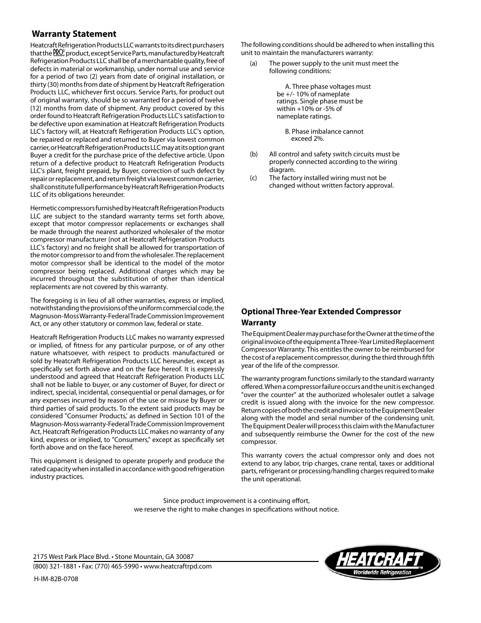 Warranty statement | Heatcraft Refrigeration Products Refrigeration System H-IM-82B User Manual | Page 20 / 20