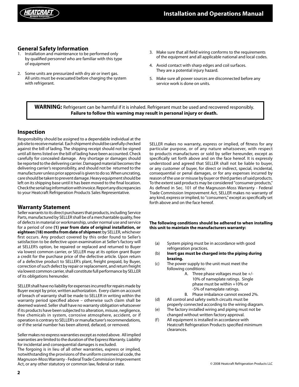 Installation and operations manual, General safety information, Warning | Inspection, Warranty statement | Heatcraft Refrigeration Products Unit Coolers H-IM-UC User Manual | Page 2 / 8