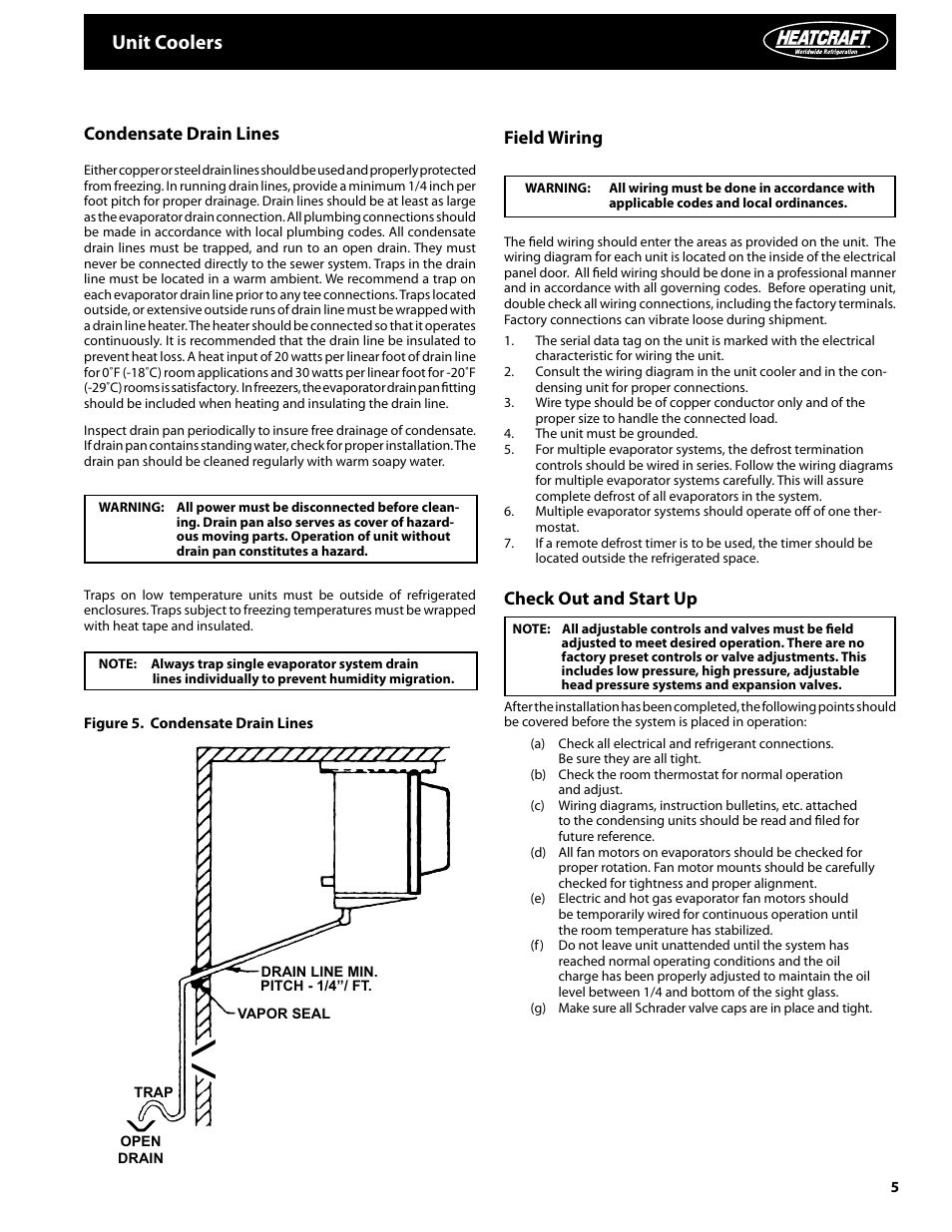 Unit coolers, Condensate drain lines, Field wiring | Check out and start up | Heatcraft Refrigeration Products Unit Coolers H-IM-UC User Manual | Page 5 / 8