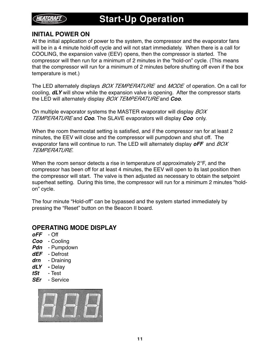 Operating mode display, Start-up operation | Heatcraft Refrigeration Products H-IM-79B User Manual | Page 11 / 36