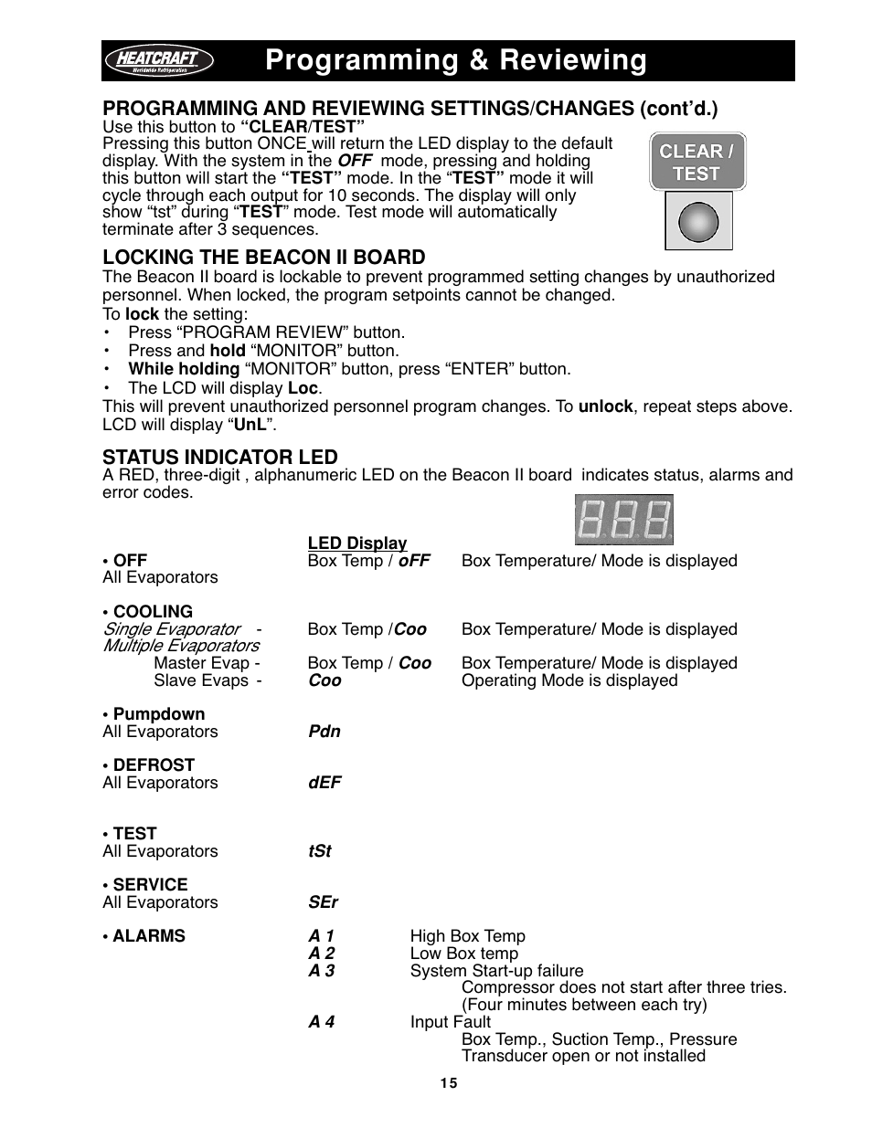 Locking beacon ii board, Status indicator led -16, Programming & reviewing | Heatcraft Refrigeration Products H-IM-79B User Manual | Page 15 / 36