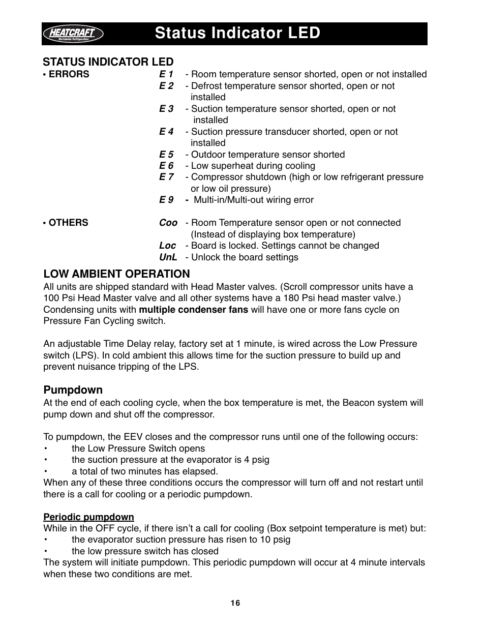 Low ambient operation, Pumpdown -17, Status indicator led | Heatcraft Refrigeration Products H-IM-79B User Manual | Page 16 / 36