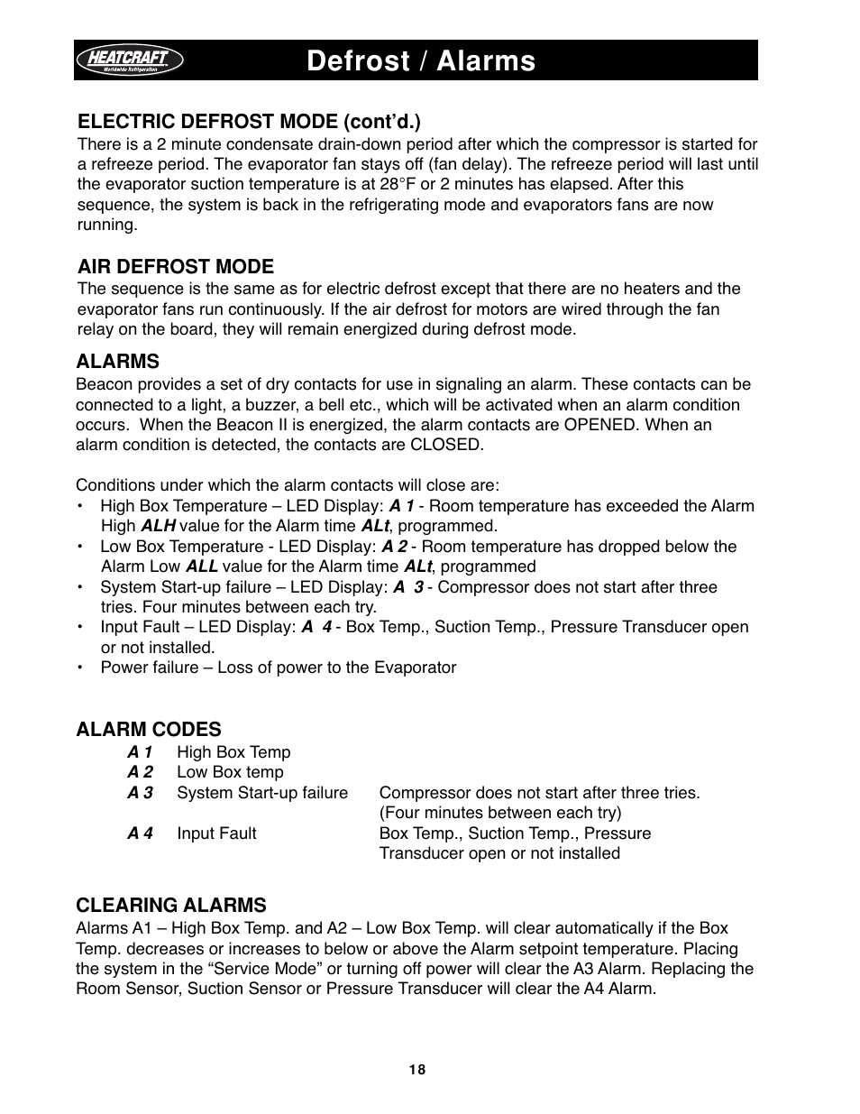 Alarms, Defrost / alarms | Heatcraft Refrigeration Products H-IM-79B User Manual | Page 18 / 36