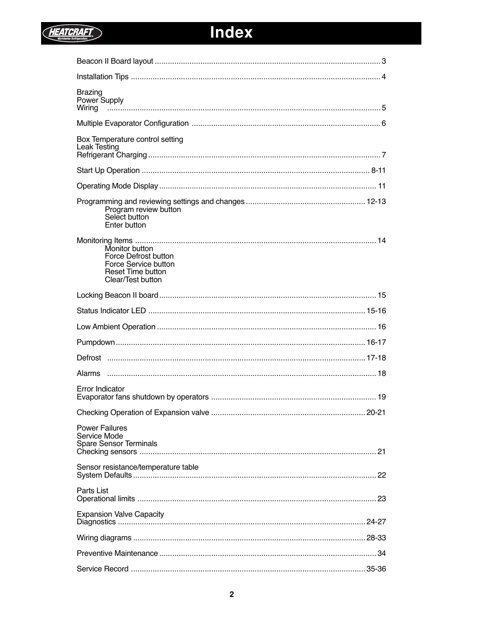 Index | Heatcraft Refrigeration Products H-IM-79B User Manual | Page 2 / 36