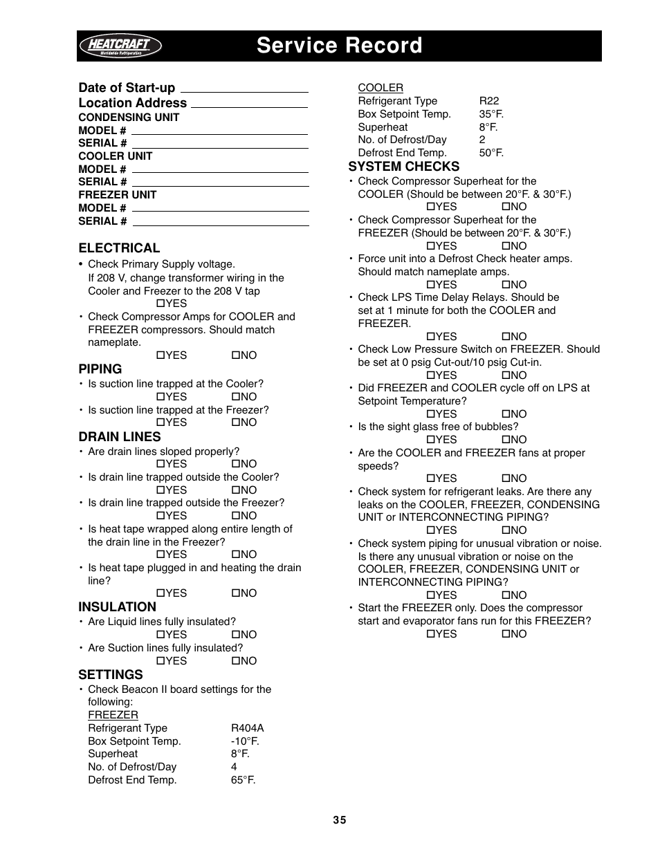 Service record -36, Service record | Heatcraft Refrigeration Products H-IM-79B User Manual | Page 35 / 36