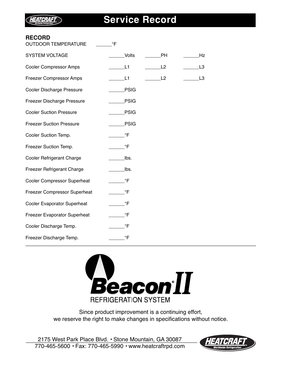 Service record | Heatcraft Refrigeration Products H-IM-79B User Manual | Page 36 / 36