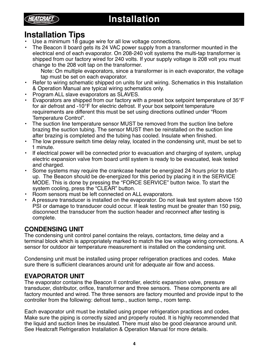 Installation tips, Installation | Heatcraft Refrigeration Products H-IM-79B User Manual | Page 4 / 36