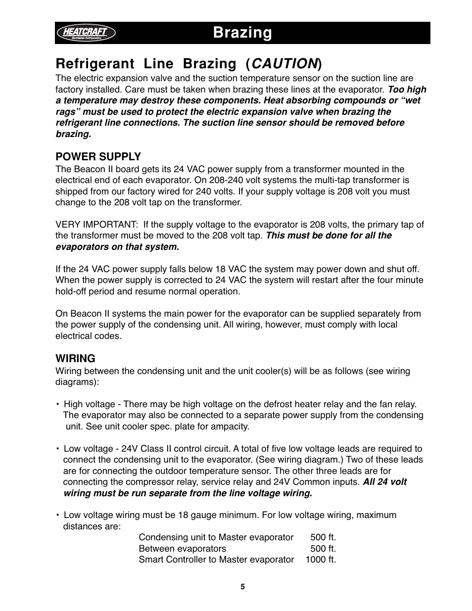 Brazing power supply wiring, Brazing, Refrigerant line brazing ( caution) | Heatcraft Refrigeration Products H-IM-79B User Manual | Page 5 / 36