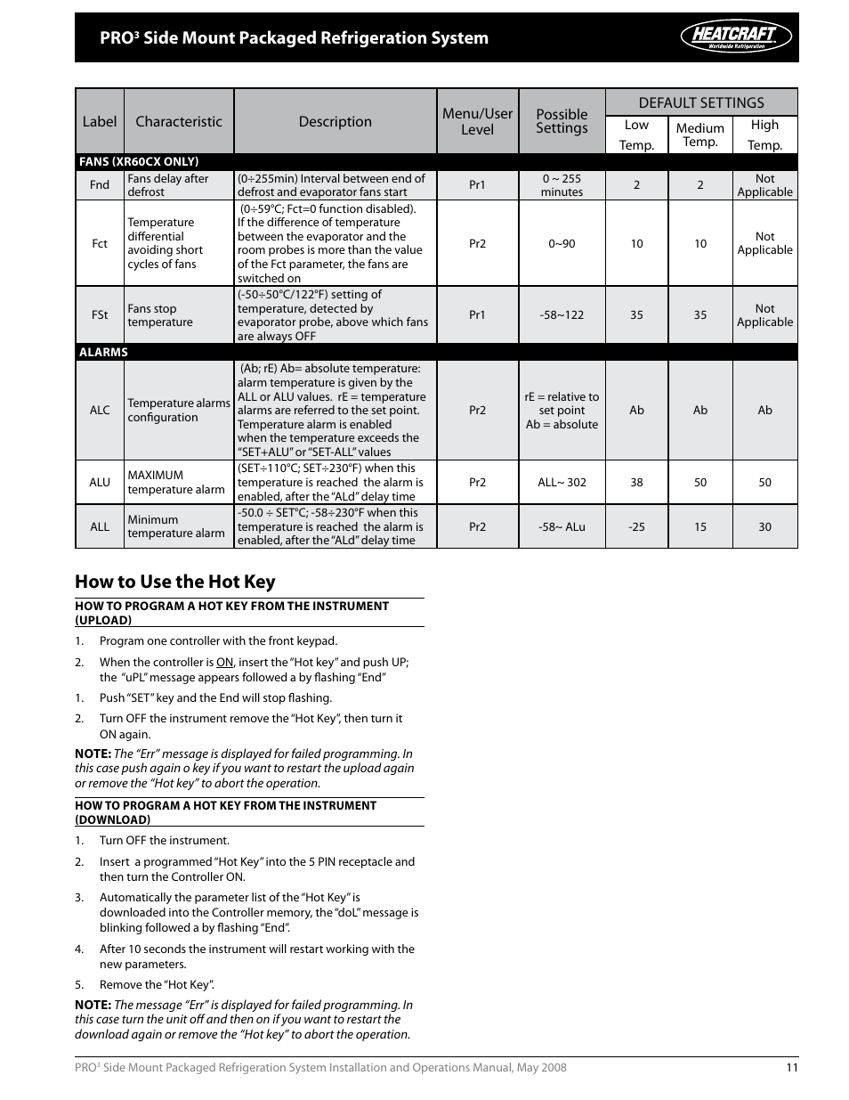 How to use the hot key, Side mount packaged refrigeration system | Heatcraft Refrigeration Products PRO3 User Manual | Page 11 / 24
