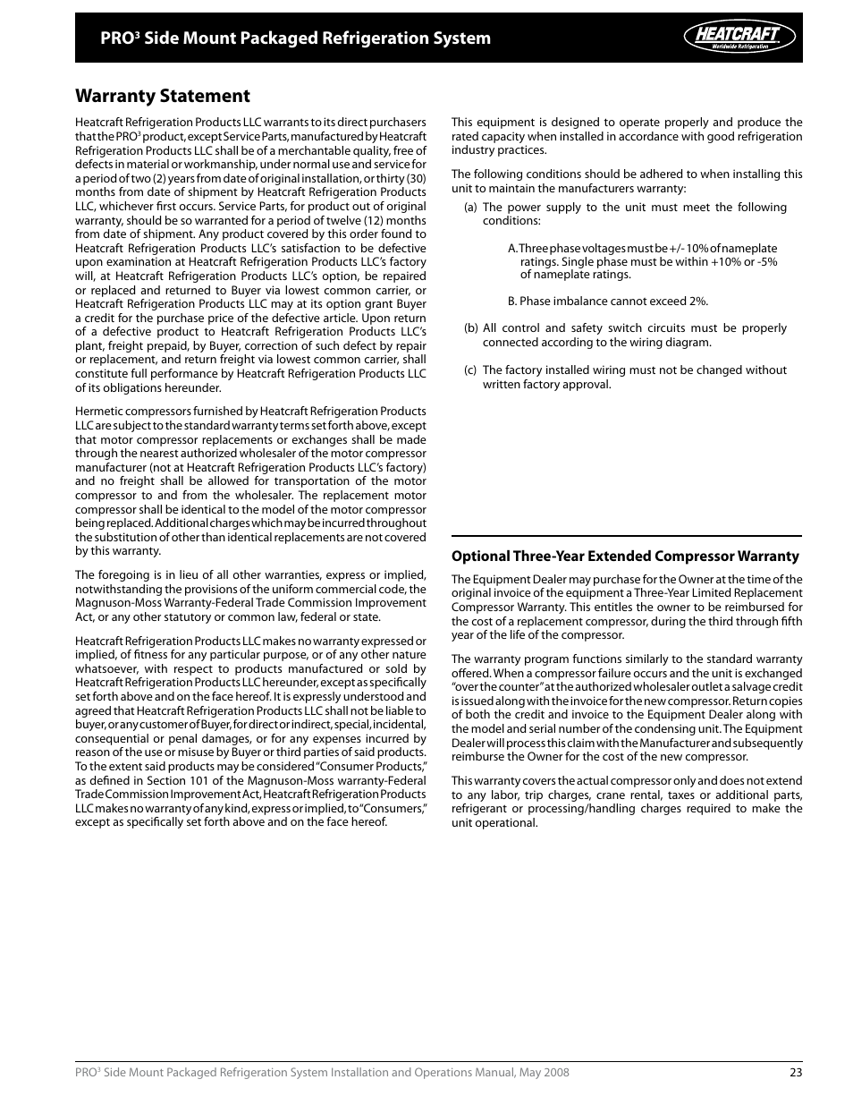 Warranty statement, Side mount packaged refrigeration system | Heatcraft Refrigeration Products PRO3 User Manual | Page 23 / 24