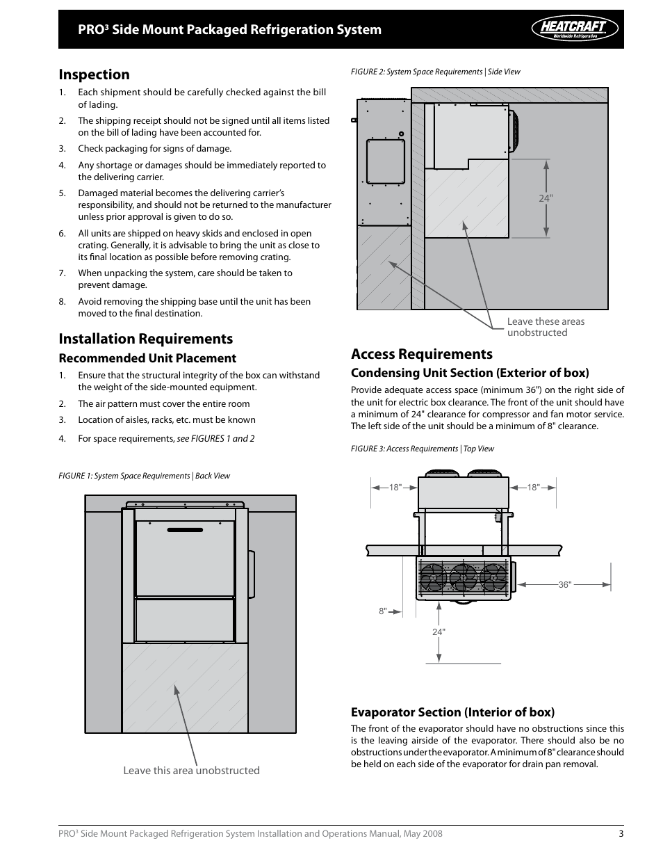 Inspection, Installation requirements, Access requirements | Side mount packaged refrigeration system, Recommended unit placement | Heatcraft Refrigeration Products PRO3 User Manual | Page 3 / 24