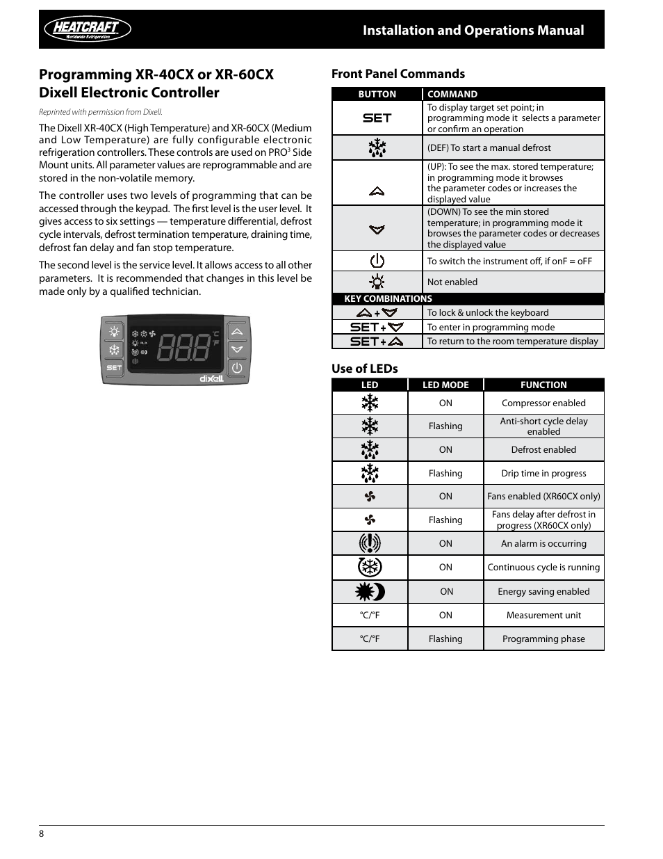 Installation and operations manual, Front panel commands, Use of leds | Heatcraft Refrigeration Products PRO3 User Manual | Page 8 / 24