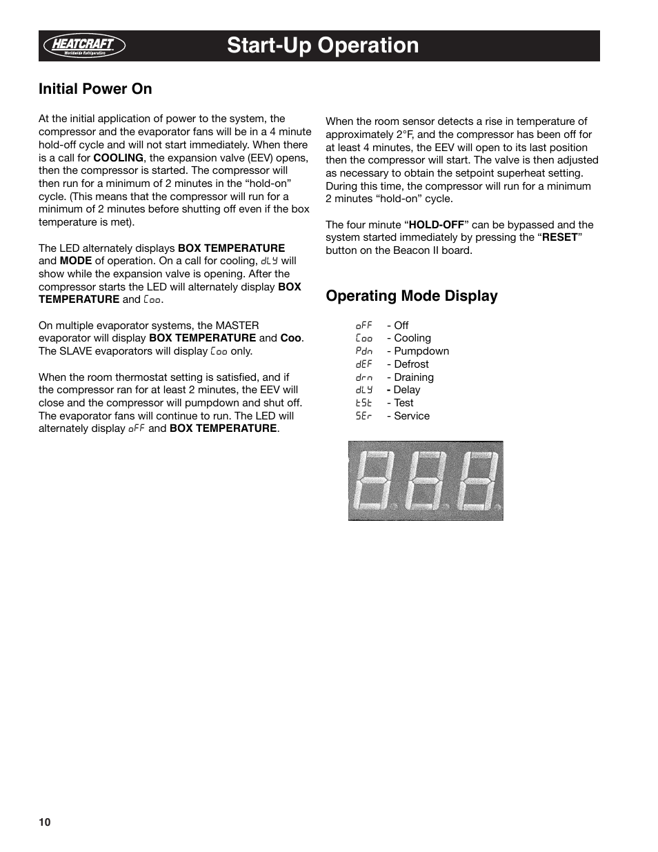 Start-up operation, Initial power on, Operating mode display | Heatcraft Refrigeration Products BEACON II H-IM-79E User Manual | Page 10 / 36