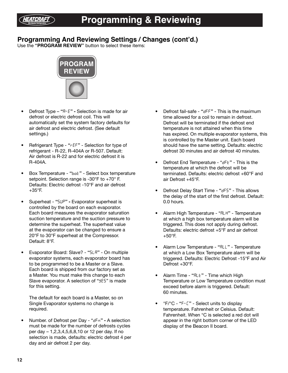 Programming & reviewing | Heatcraft Refrigeration Products BEACON II H-IM-79E User Manual | Page 12 / 36