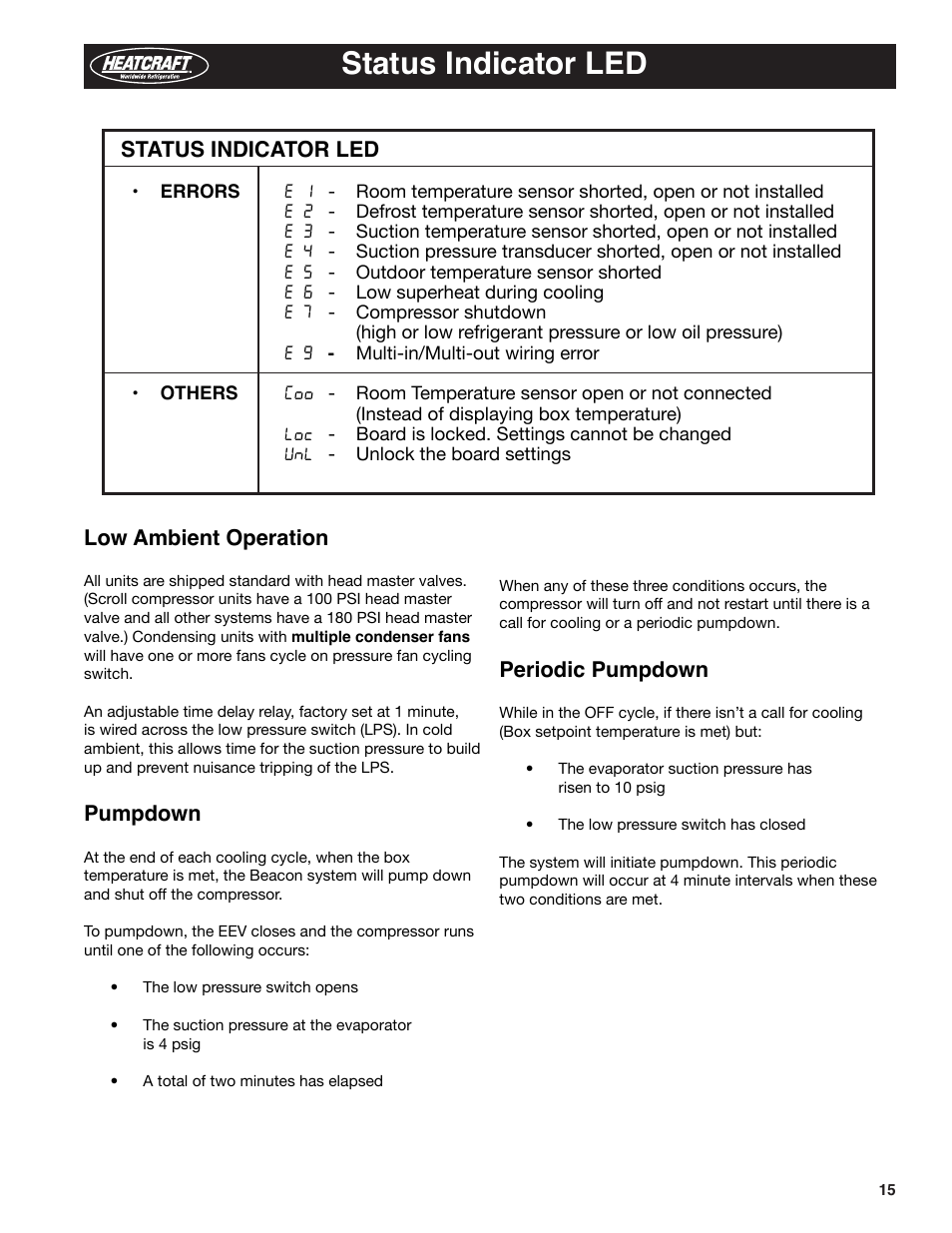 Status indicator led, Low ambient operation, Pumpdown | Periodic pumpdown | Heatcraft Refrigeration Products BEACON II H-IM-79E User Manual | Page 15 / 36