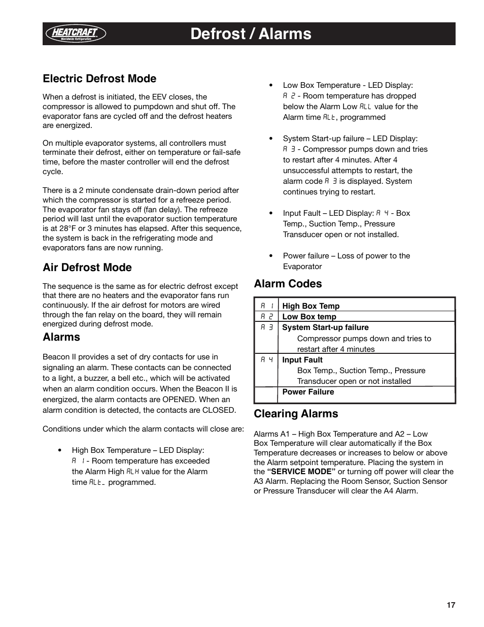 Defrost / alarms, Electric defrost mode, Air defrost mode | Alarms, Clearing alarms, Alarm codes | Heatcraft Refrigeration Products BEACON II H-IM-79E User Manual | Page 17 / 36