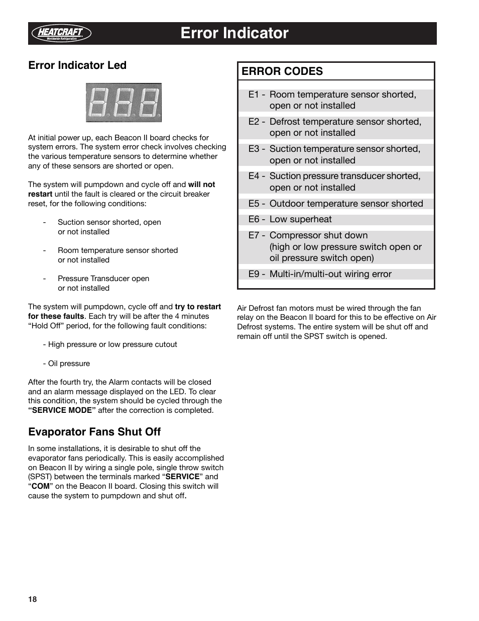 Error indicator, Error codes, Error indicator led | Evaporator fans shut off | Heatcraft Refrigeration Products BEACON II H-IM-79E User Manual | Page 18 / 36