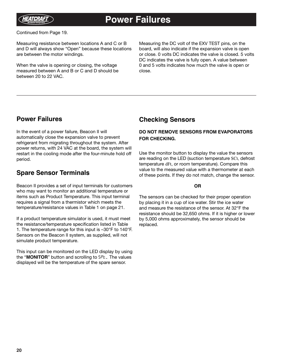 Power failures, Spare sensor terminals, Checking sensors | Heatcraft Refrigeration Products BEACON II H-IM-79E User Manual | Page 20 / 36