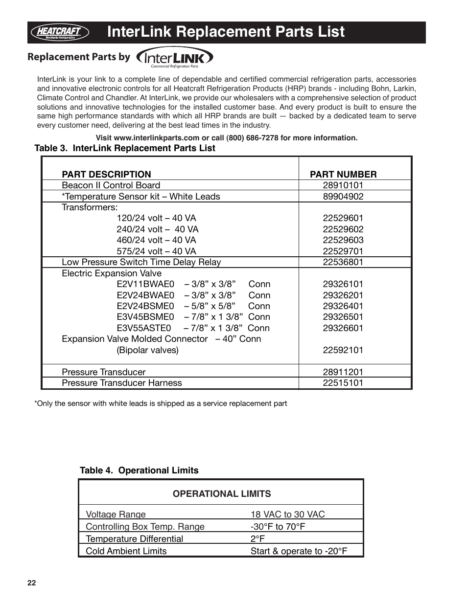 Interlink replacement parts list | Heatcraft Refrigeration Products BEACON II H-IM-79E User Manual | Page 22 / 36