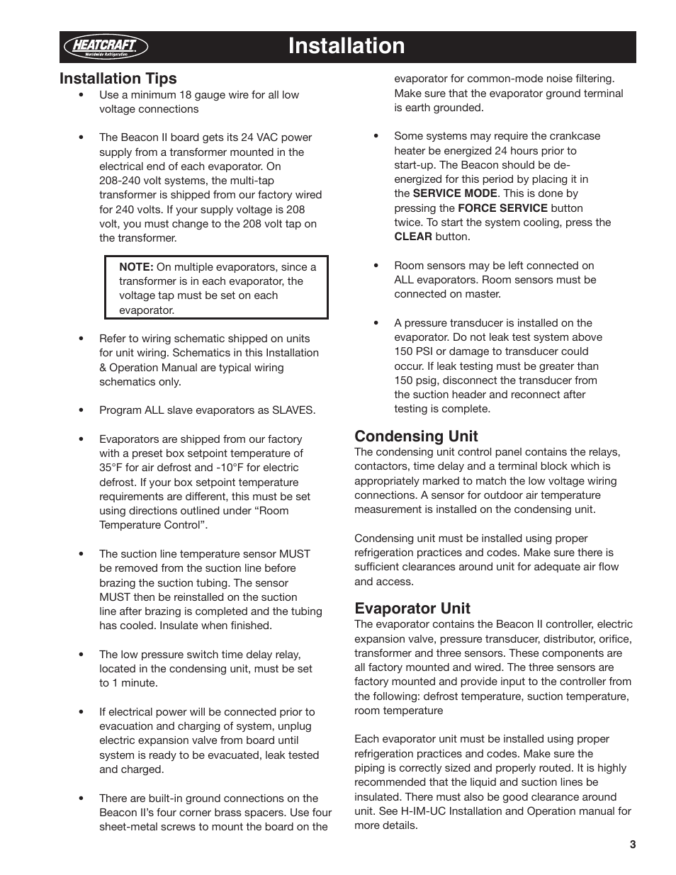 Installation, Installation tips, Condensing unit | Evaporator unit | Heatcraft Refrigeration Products BEACON II H-IM-79E User Manual | Page 3 / 36