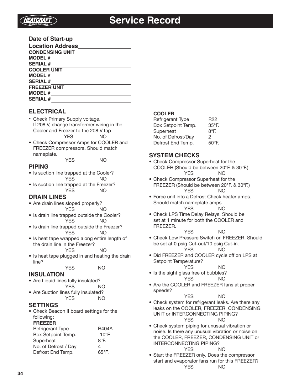 Service record | Heatcraft Refrigeration Products BEACON II H-IM-79E User Manual | Page 34 / 36