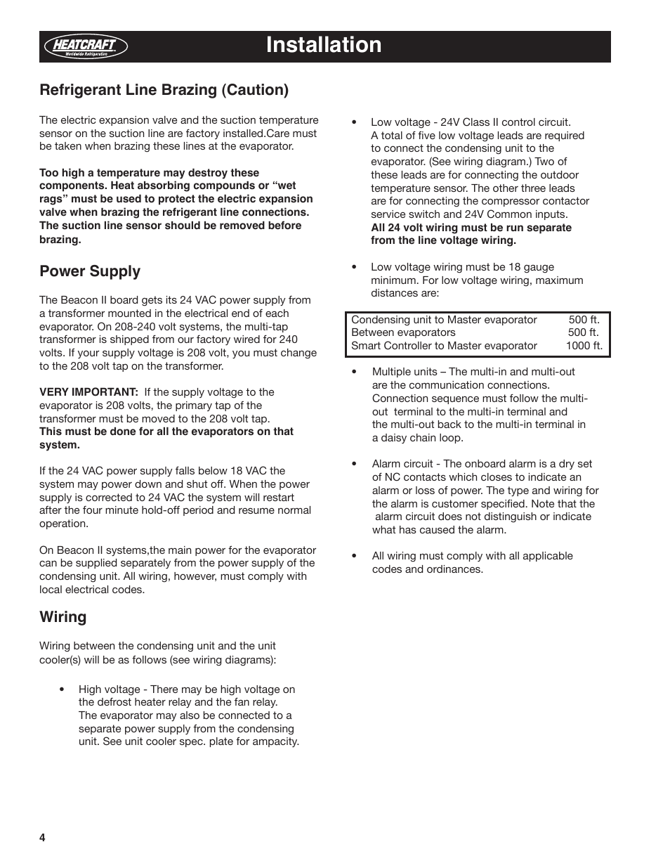 Installation, Power supply, Wiring | Refrigerant line brazing (caution) | Heatcraft Refrigeration Products BEACON II H-IM-79E User Manual | Page 4 / 36