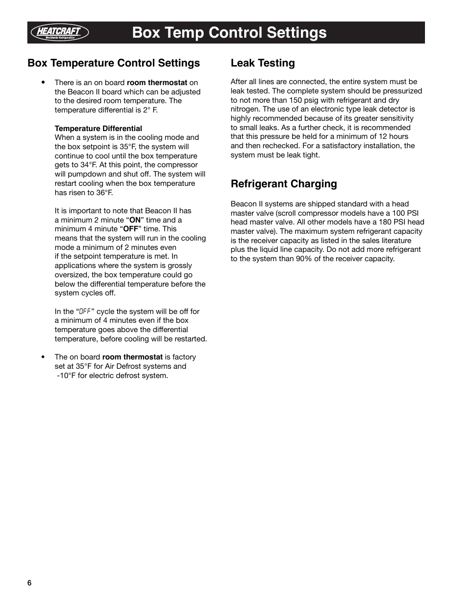 Box temp control settings, Box temperature control settings, Leak testing | Refrigerant charging | Heatcraft Refrigeration Products BEACON II H-IM-79E User Manual | Page 6 / 36