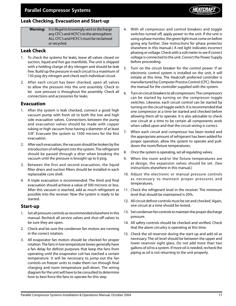 Parallel compressor systems, Leak check, Evacuation | Start-up, Leak checking, evacuation and start-up | Heatcraft Refrigeration Products PARALLEL COMPRESSOR SYSTEMS 25000102 User Manual | Page 17 / 36