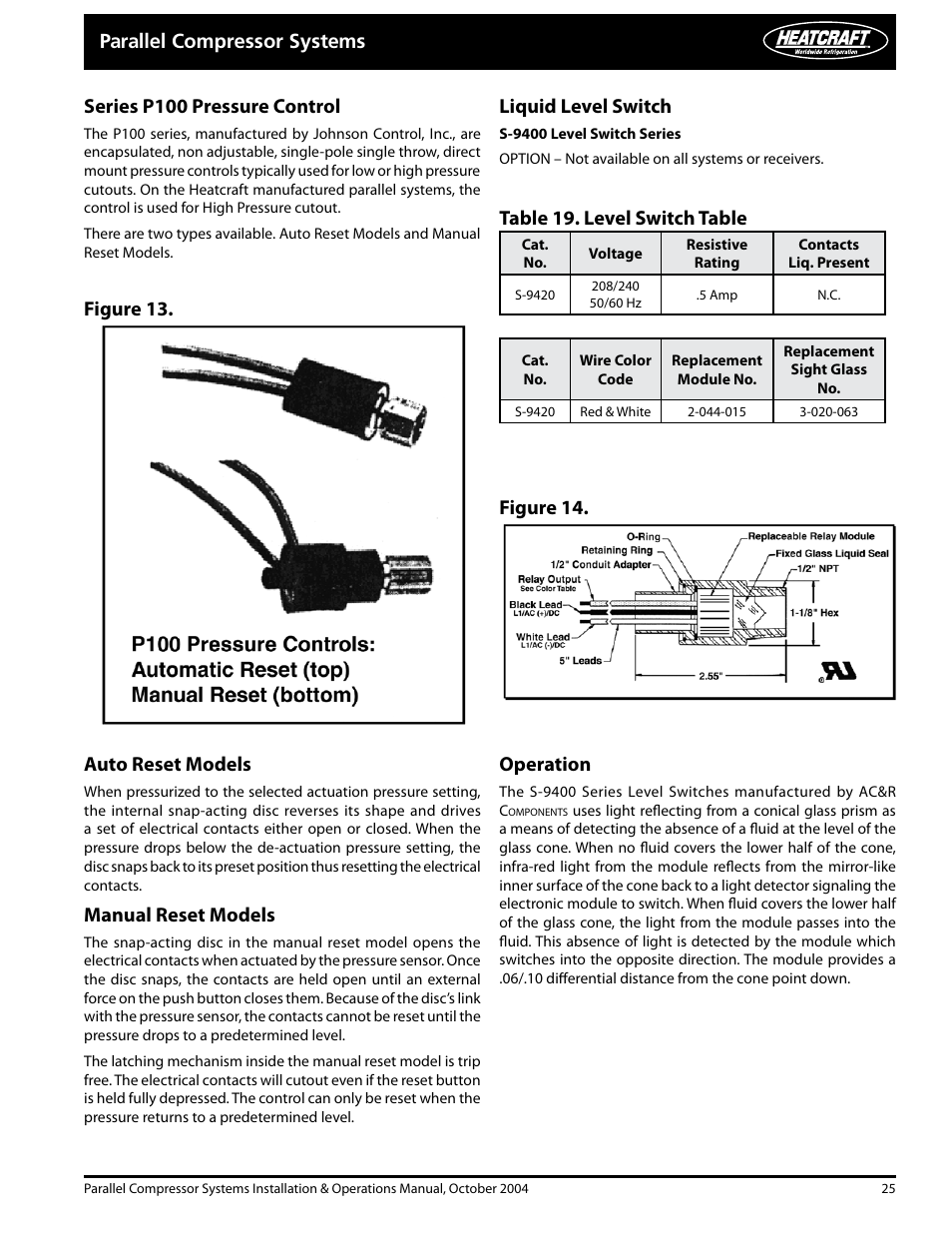 Auto reset models, Manual reset models, Liquid level switch | Operation | Heatcraft Refrigeration Products PARALLEL COMPRESSOR SYSTEMS 25000102 User Manual | Page 25 / 36