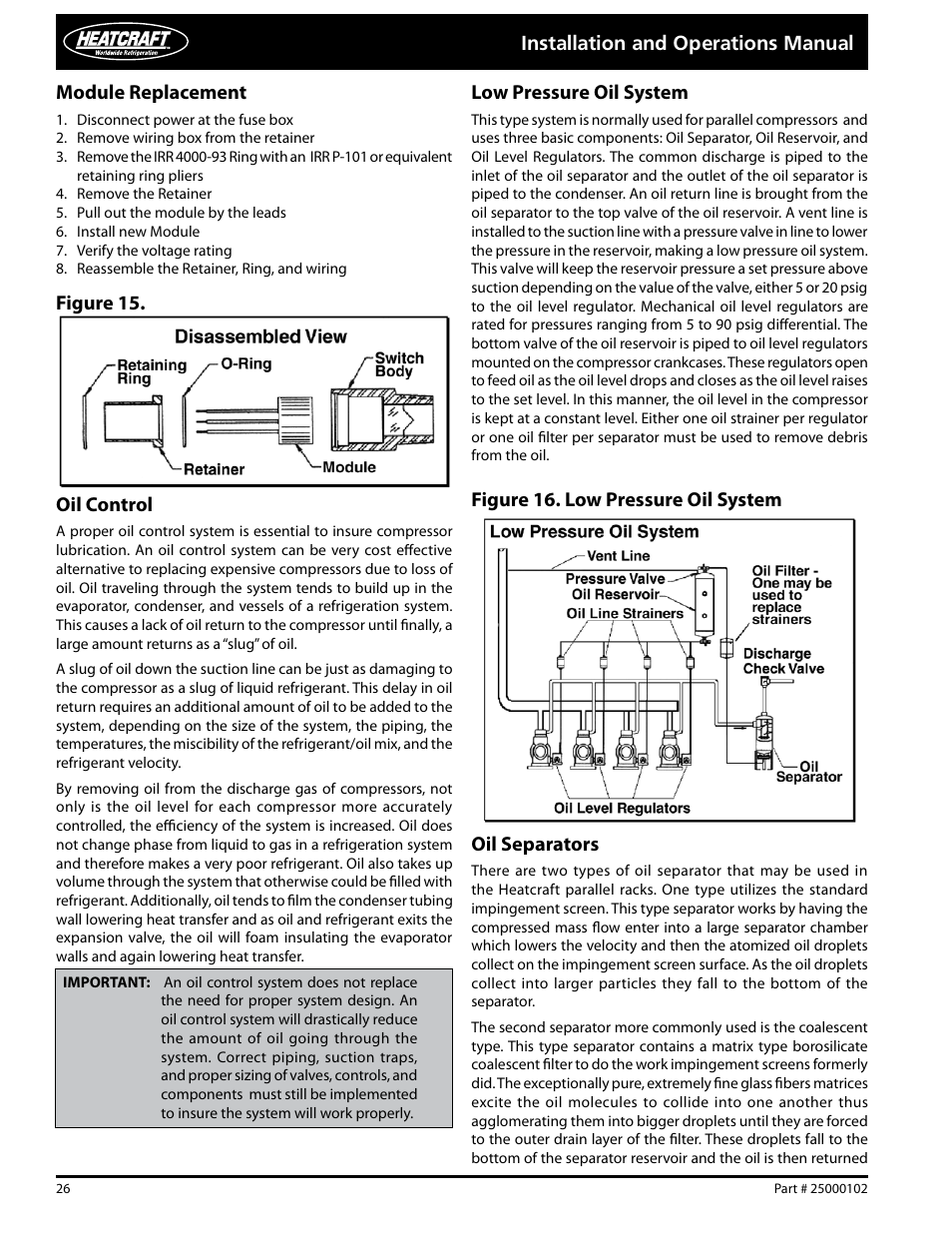 Oil control, Low pressure oil system, Oil separators | Figure 15. figure 16. low pressure oil system | Heatcraft Refrigeration Products PARALLEL COMPRESSOR SYSTEMS 25000102 User Manual | Page 26 / 36