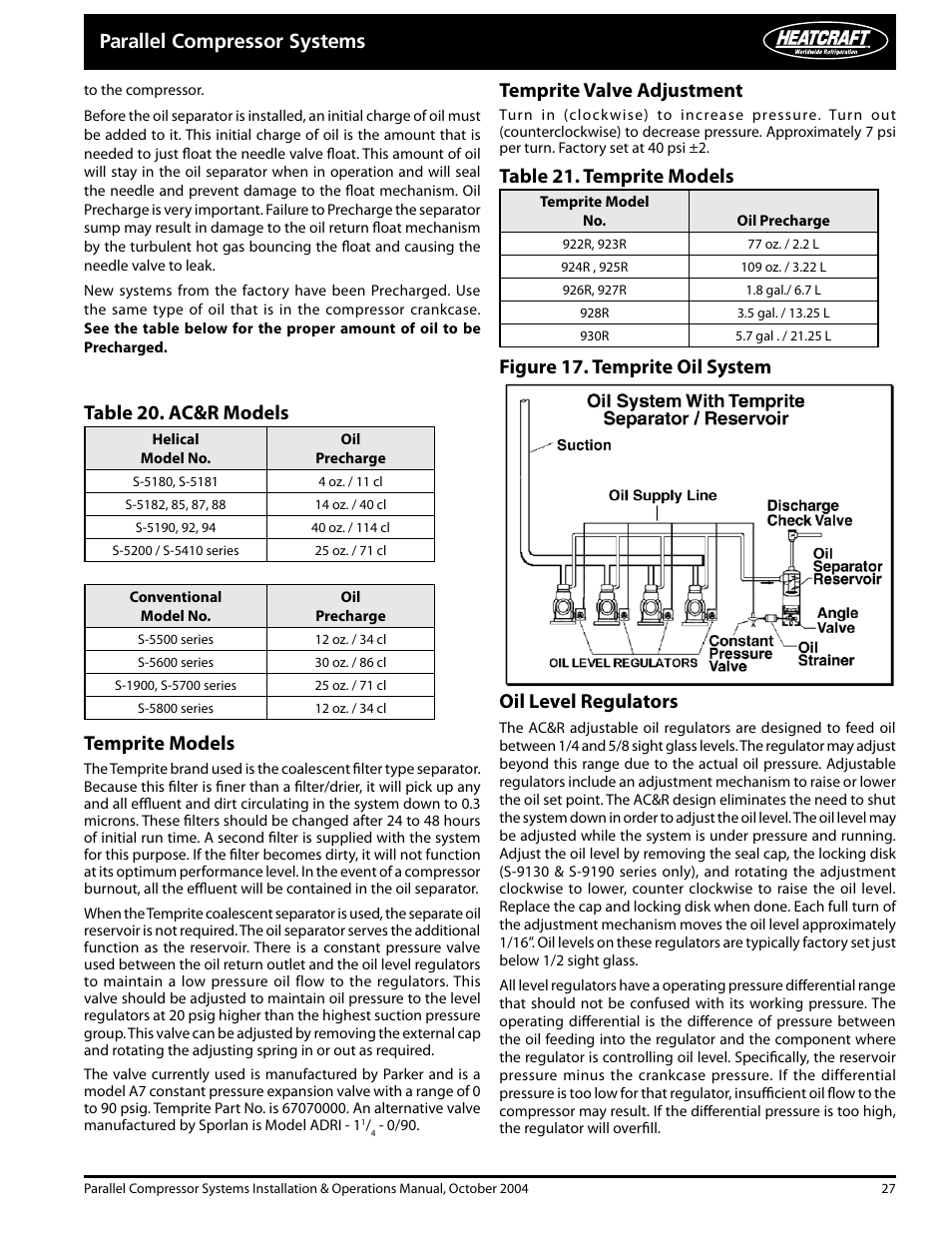 Parallel compressor systems, Temprite models, Oil level regulators | Temprite valve adjustment | Heatcraft Refrigeration Products PARALLEL COMPRESSOR SYSTEMS 25000102 User Manual | Page 27 / 36