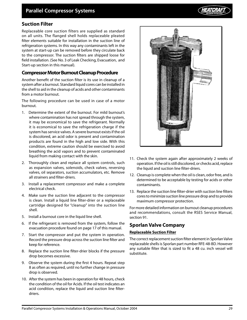 Parallel compressor systems suction filter, Compressor motor burnout cleanup procedure, Sporlan valve company | Heatcraft Refrigeration Products PARALLEL COMPRESSOR SYSTEMS 25000102 User Manual | Page 29 / 36