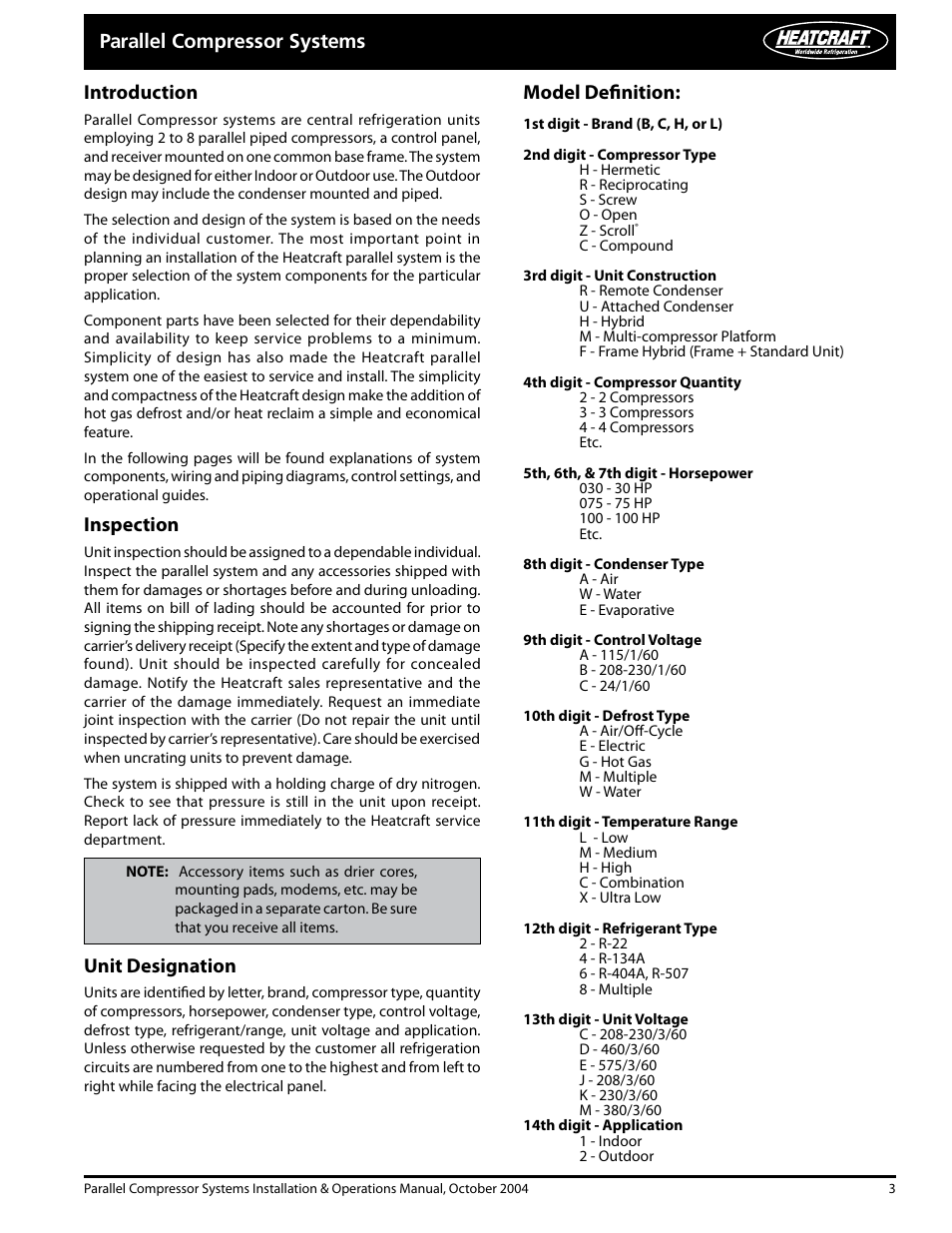 Parallel compressor systems introduction, Inspection, Unit designation | Model definition | Heatcraft Refrigeration Products PARALLEL COMPRESSOR SYSTEMS 25000102 User Manual | Page 3 / 36