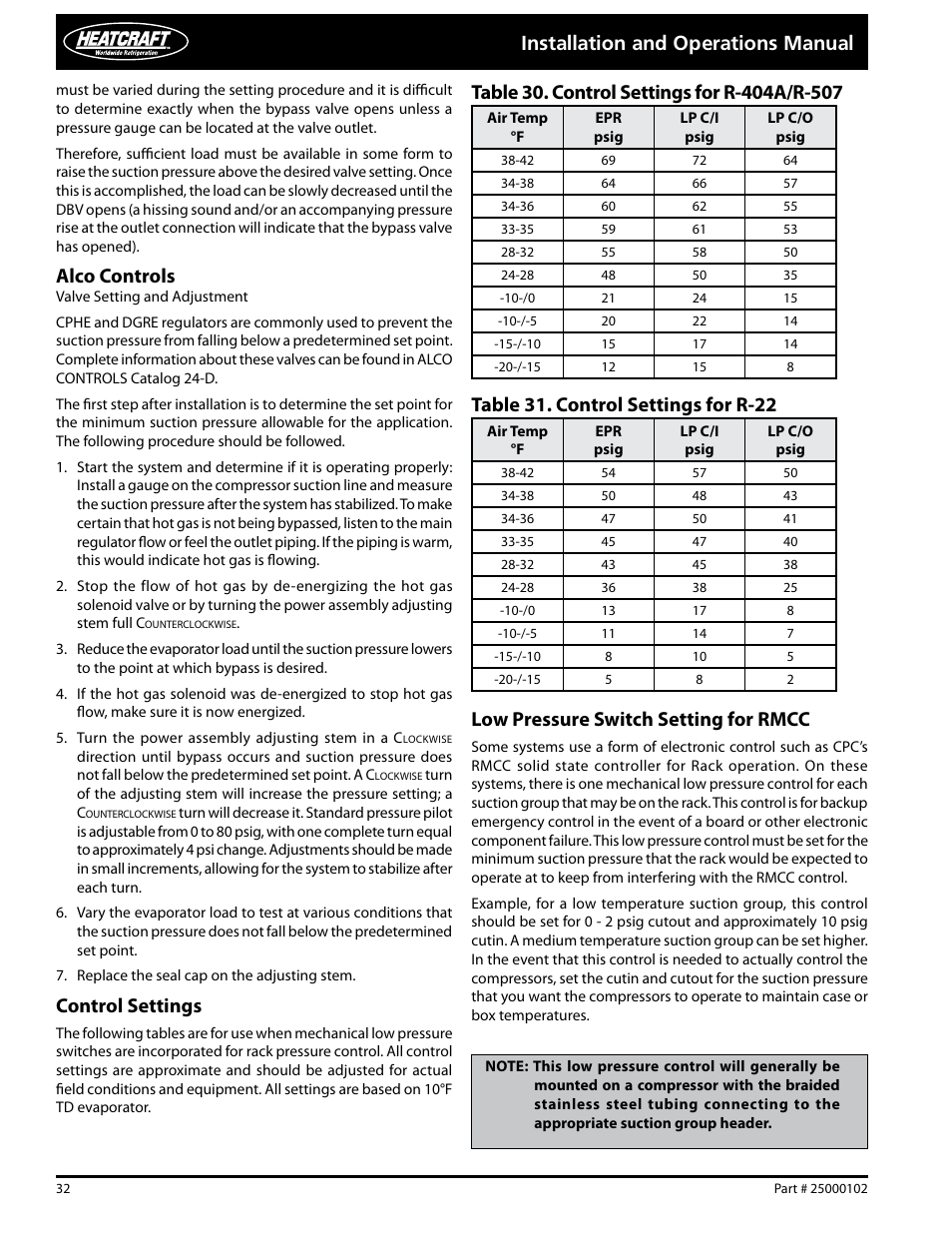 Installation and operations manual, Alco controls, Control settings | Low pressure switch setting for rmcc, Table 31. control settings for r-22 | Heatcraft Refrigeration Products PARALLEL COMPRESSOR SYSTEMS 25000102 User Manual | Page 32 / 36