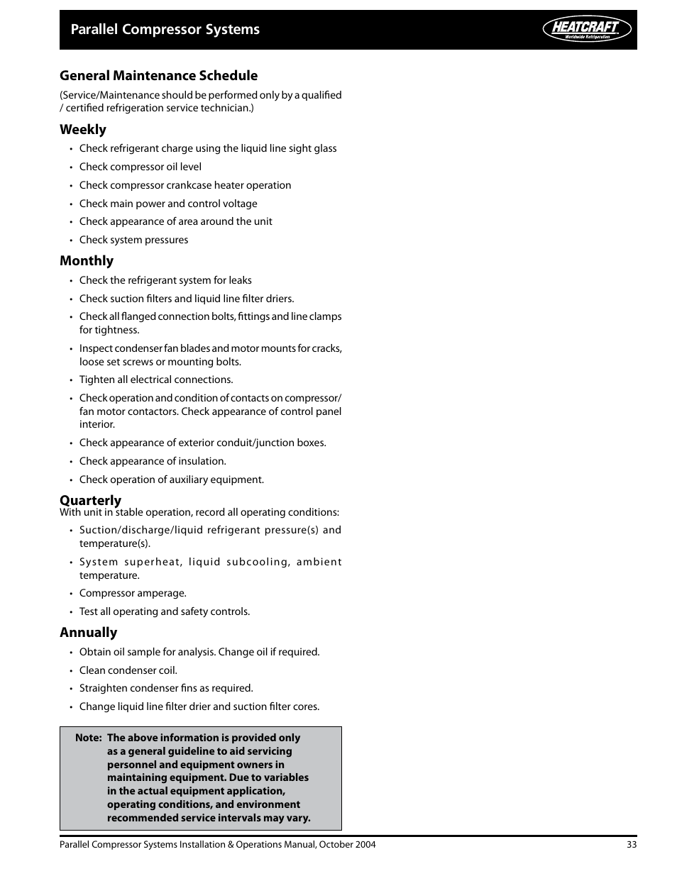 Weekly, Monthly, Quarterly | Annually | Heatcraft Refrigeration Products PARALLEL COMPRESSOR SYSTEMS 25000102 User Manual | Page 33 / 36