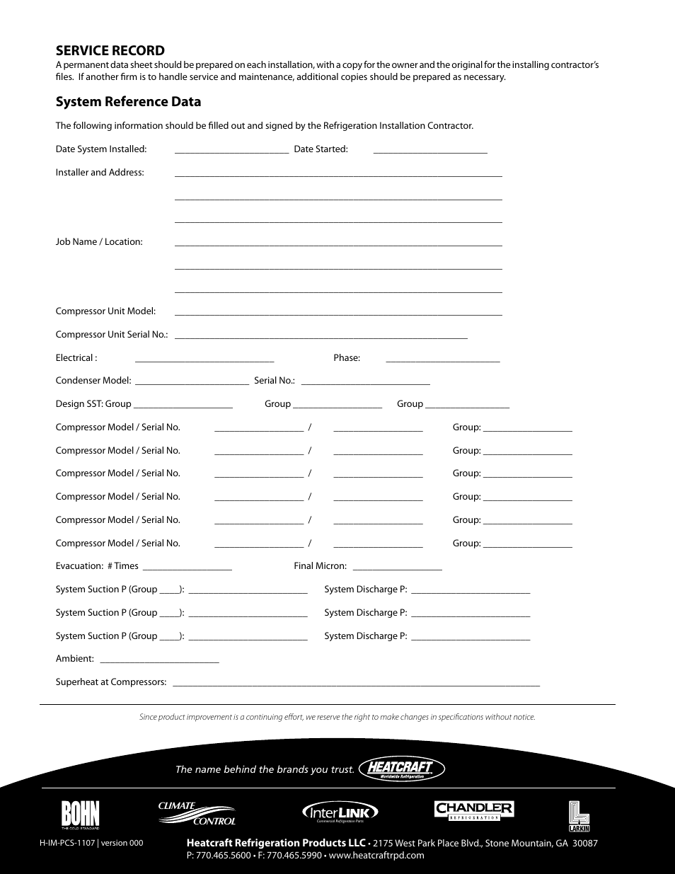 Service record, System reference data | Heatcraft Refrigeration Products PARALLEL COMPRESSOR SYSTEMS 25000102 User Manual | Page 36 / 36
